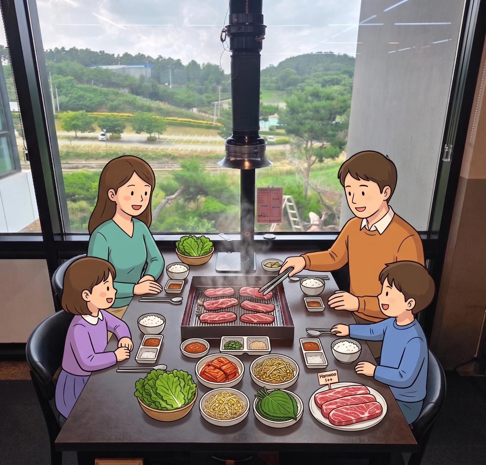 2층 성화식당에서 고기를 구워 먹는 모습